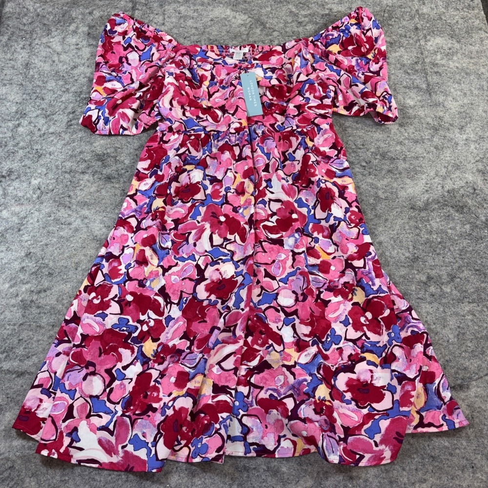 New London Times Mini Dress Woman's 20W Pink‎ Floral Off Shoulder Summer Artsy